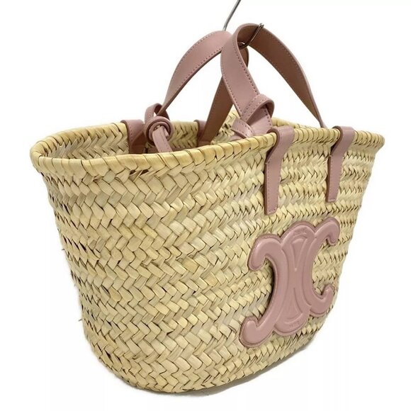 Auth CELINE Teen Triomphe Pannier - Beige Pink Beige Raffia Calf Skin Tote Bag - Picture 15 of 16